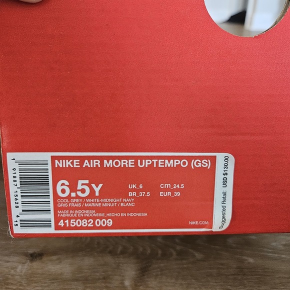 Size 6.5‎ (Big Boys)-Nike Air More Uptempo Cool Grey/ White Midnight Navy - Picture 10 of 10